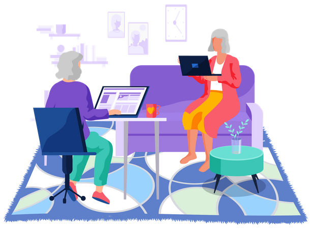Elderly woman working with technology  Illustration