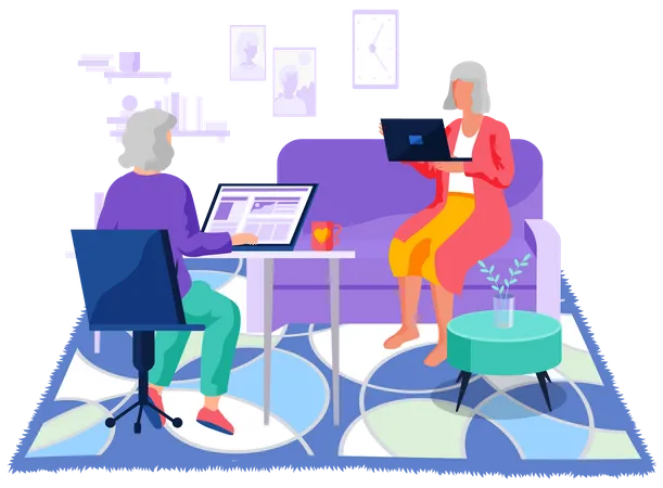 Elderly woman working with technology Illustration