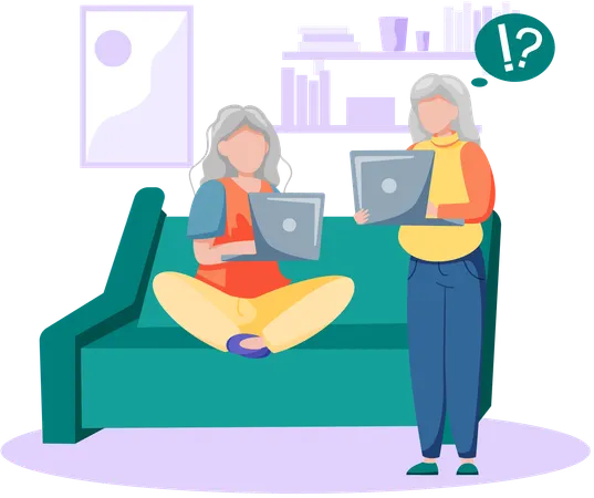 Elderly woman working with technology and modern gadget tablet pc  Illustration