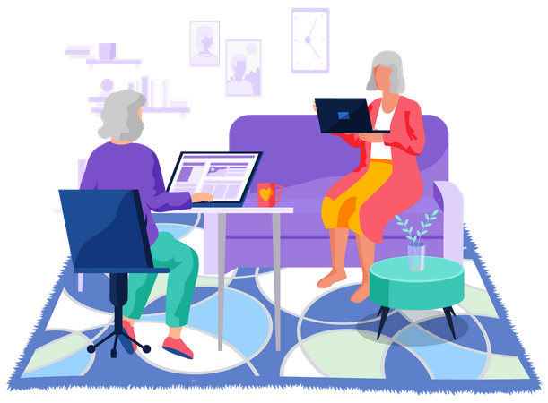 Elderly woman working with technology  Illustration