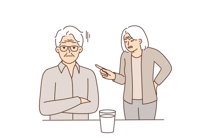 Elderly woman yells at man suffering from alcohol addiction and drinking vodka from glass  Illustration