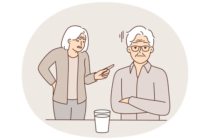 アルコール依存症に苦しみ、グラスからウォッカを飲む男性に高齢女性が怒鳴る  イラスト
