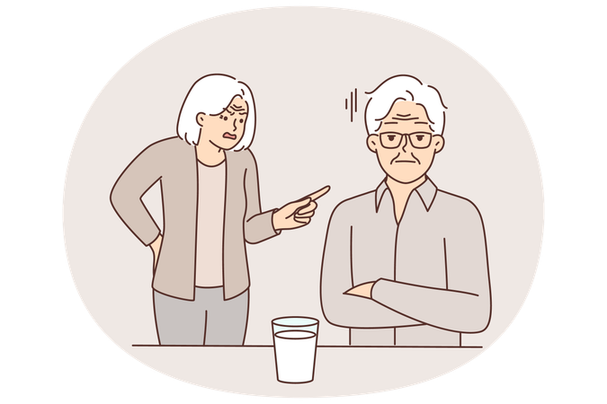 Elderly woman yells at man suffering from alcohol addiction and drinking vodka from glass  Illustration