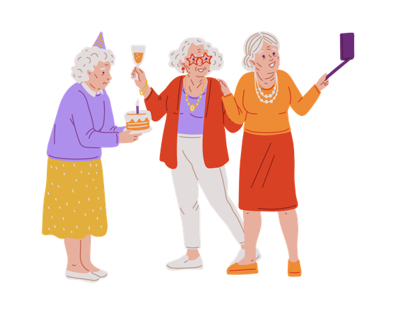 Elderly women celebrating friend's birthday with cake in festive hat  Illustration