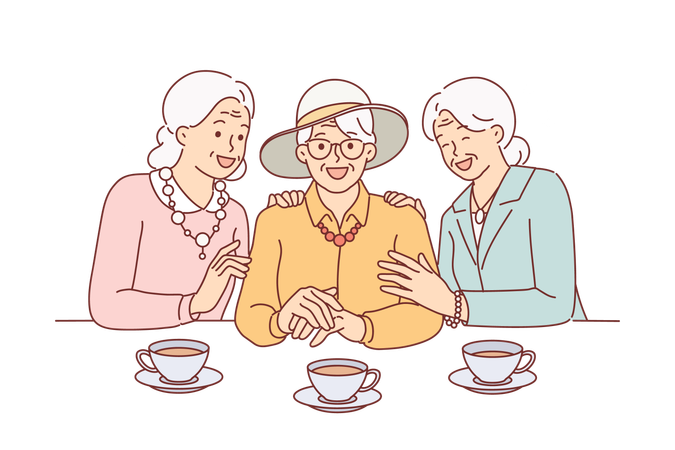 Elderly women drink tea and laugh rejoicing at long-awaited meeting  イラスト