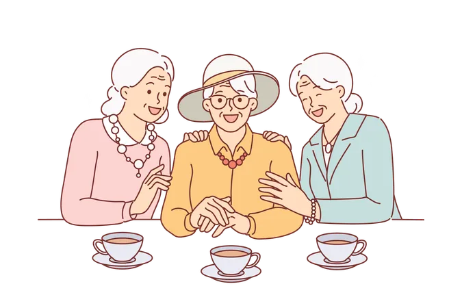 Elderly Women Drink Tea And Laugh Rejoicing At Long Awaited Meeting Dressed In Elegant Clothes Tea Party Of Old Girlfriends Reminiscing Funny Stories From Past Or Planning Upcoming Trip Illustration