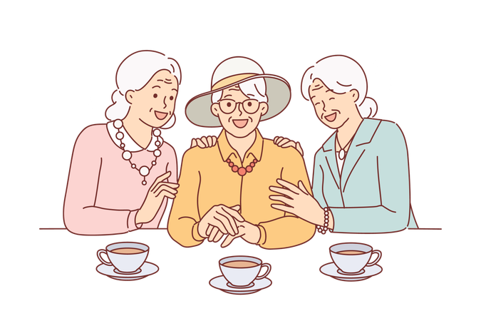 Elderly women drink tea and laugh rejoicing at long-awaited meeting  Illustration