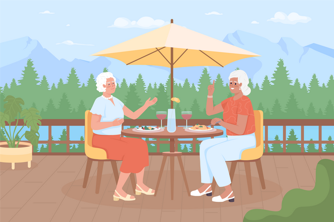 Elderly women spending time on mountain resort  Illustration