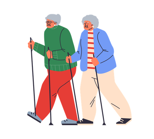 Elderly women with sticks nordic walking together  Illustration