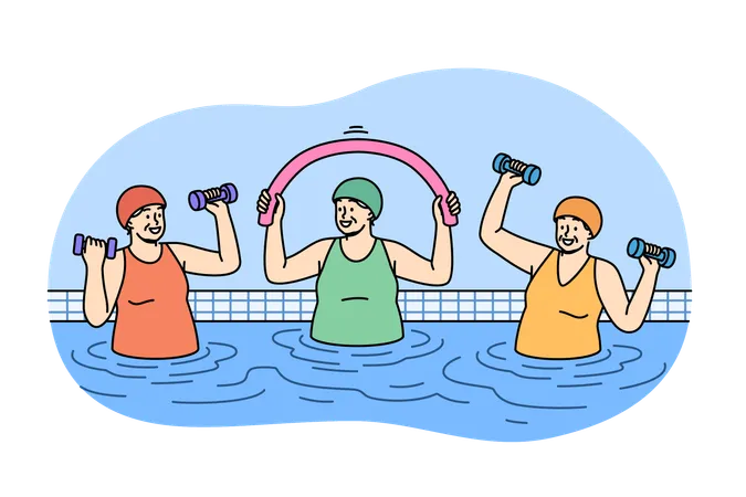 Elderly Women Working Out In Pool Doing Aqua Fitness And Lifting Dumbbells To Improve Health Happy Pensioners Lead Active Lifestyle And Stand In Water Doing Sports In Pool After Retirement Illustration