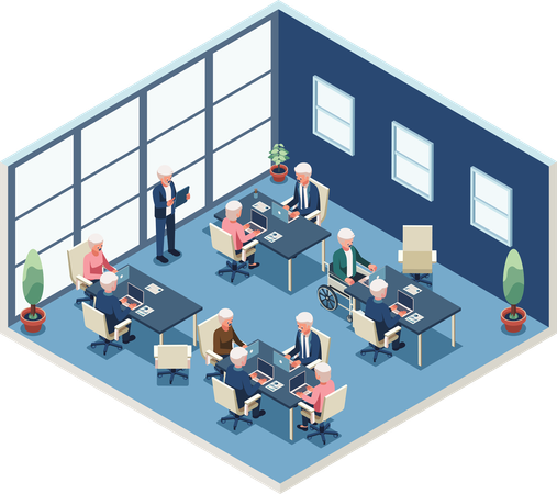 Elderly worker team working in office  Illustration