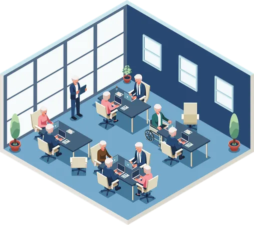 Elderly worker team working in office  Illustration