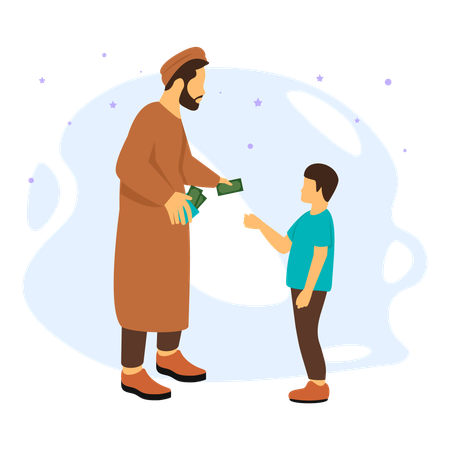 Elders Giving Money To The Younger Ones As A Gift During Eid Festivities  Illustration