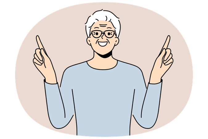 Eldery man came up with idea and points fingers up with smile to draw attention to your ad  Illustration