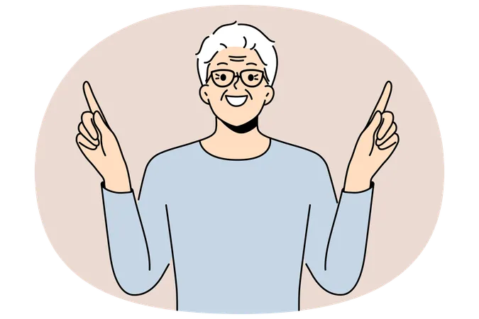 Eldery man came up with idea and points fingers up with smile to draw attention to your ad  Illustration