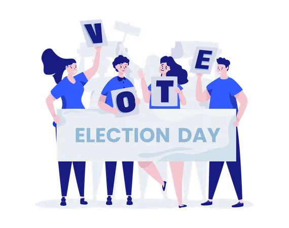 Group Of People With Democratic Banner Campaign For Vote Election Day Concept Illustration