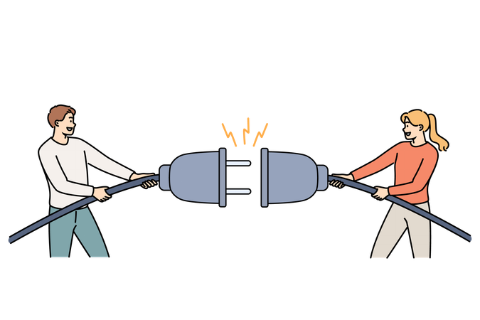 Electric cable with plug in hands of man and woman and want to restore connections for supply current  Illustration