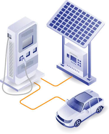 Electric car charge from solar panel energy  イラスト
