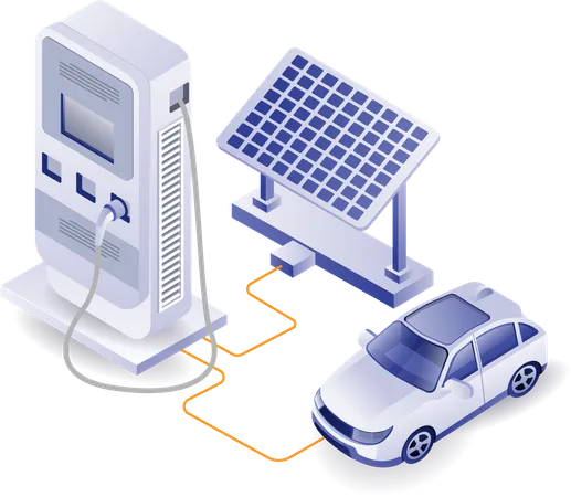 Electric car charger with solar panel energy  Illustration