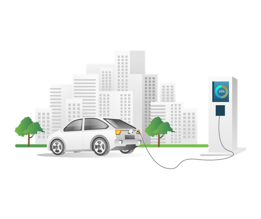 Electric car charging at city station  Illustration
