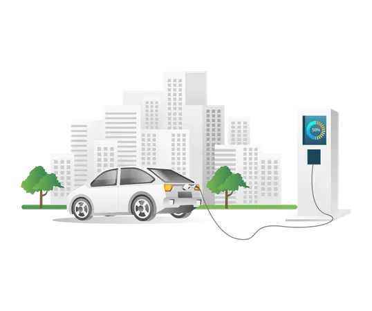 Electric car charging at city station  Illustration