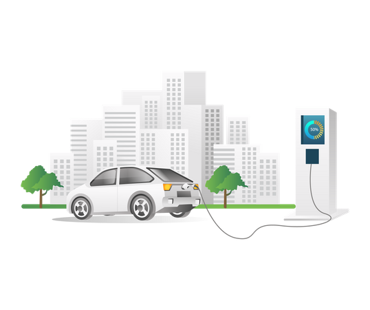 Electric car charging at city station Illustration