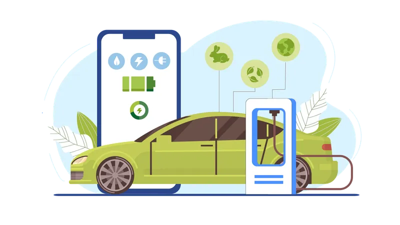 Electric car getting charged at EV station  Illustration