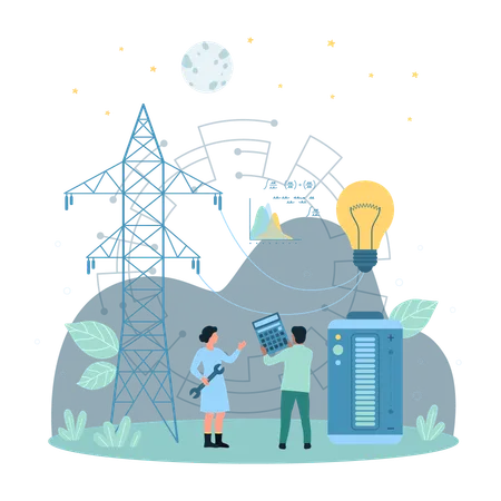 Cartoon Tiny People Connect Light Bulb Battery With High Voltage Power Line Steel Tower By Wires Electricity Infrastructure Electric Power Production Distribution Dark Concept Vector Illustration Illustration