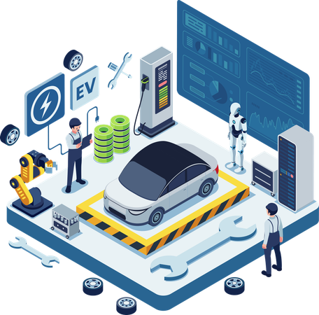 Electric vehicle maintenance using AI and robotics  Illustration