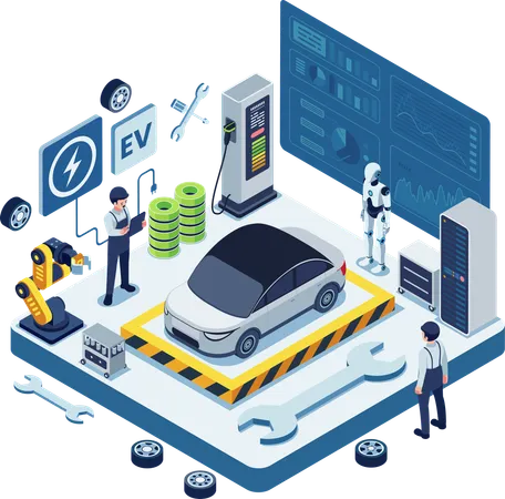 Electric vehicle maintenance using AI and robotics  Illustration