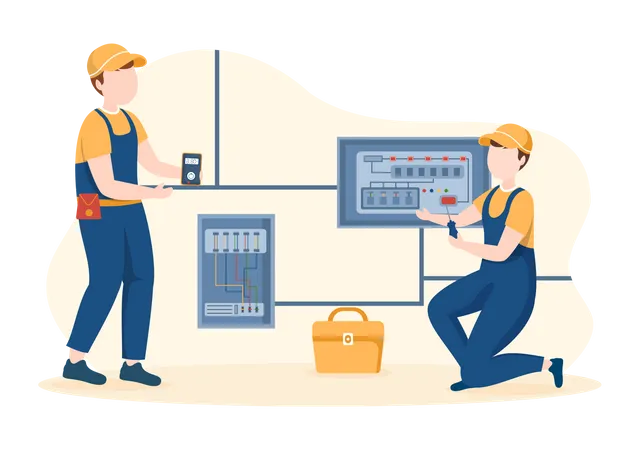 Electrical engineer repairing electric cabinet  Illustration