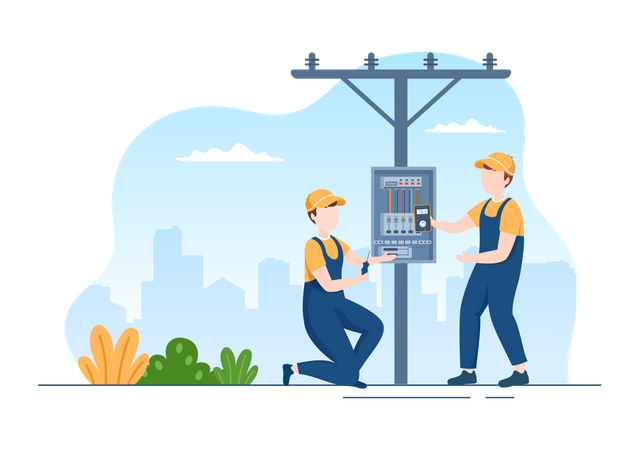 Electrical engineer repairing street pole  Illustration