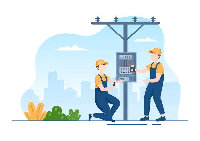 Electrical engineer repairing street pole  Illustration