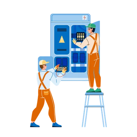 Electrical Engineering Cabinet Workers Vector Men Engineers Research And Electrical Engineering Together Checking Voltage And Electric Cables Characters Maintenance Flat Cartoon Illustration Illustration
