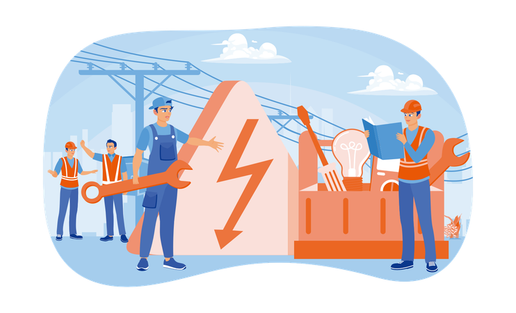 Electrical Technician Repairing Power Lines On Street  Illustration