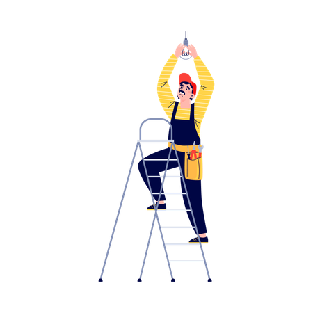Electrician changing electric light bulb  Illustration