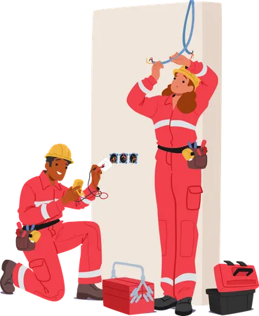 Electrician Characters Repairing And Installing Electrical Wiring System  Illustration