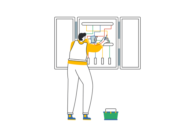 Electrician checking fuse box  Illustration