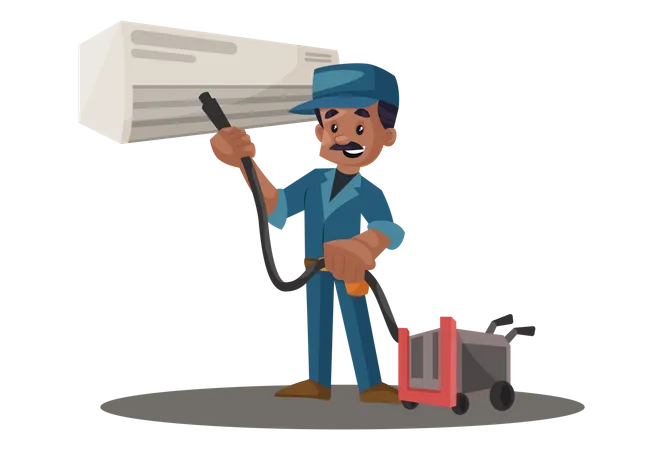 Electrician cleaning ac with vacuum cleaner  Illustration