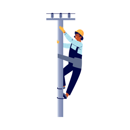 Electrician climbing a pole to fix breakdown  Illustration