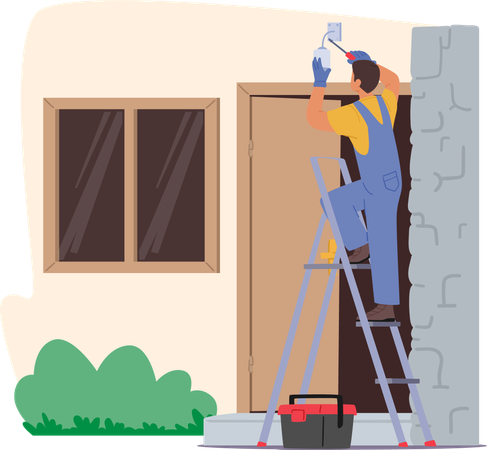 Electrician Engineer Skillfully Installs Lamp At Home Entrance Door  Illustration