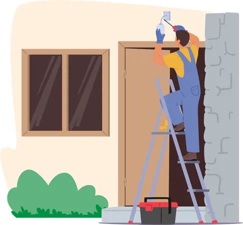 Electrician Engineer Skillfully Installs Lamp At Home Entrance Door  Illustration