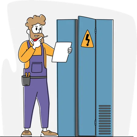 Electrician Examine Working Draft or Measure Voltage at Dashboard  Illustration