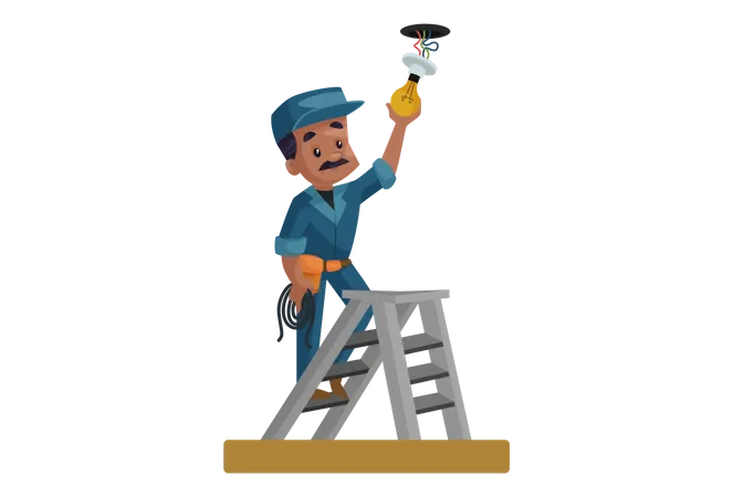 Electrician fitting bulb on the roof Illustration