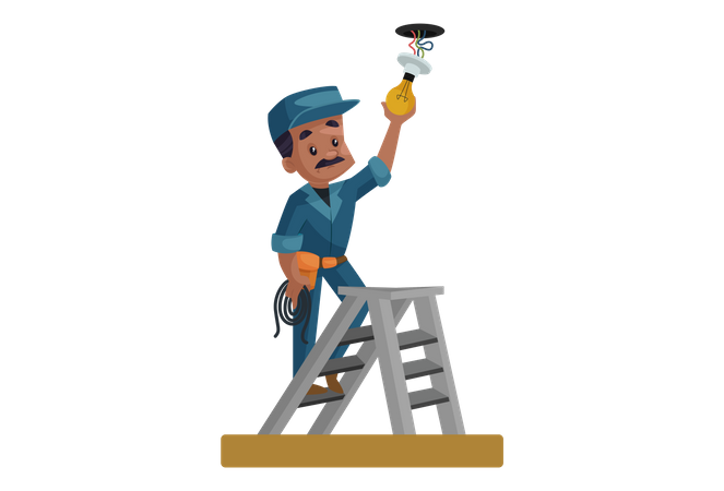 Electrician fitting bulb on the roof  Illustration