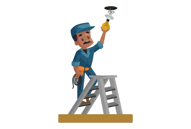 Electrician fitting bulb on the roof  Illustration