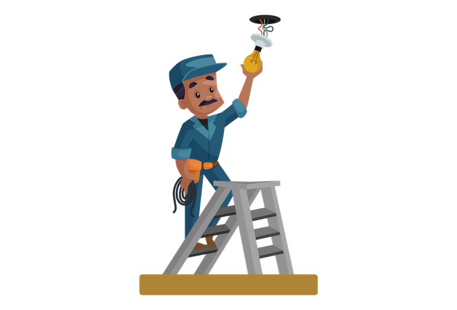 Electrician fitting bulb on the roof  Illustration