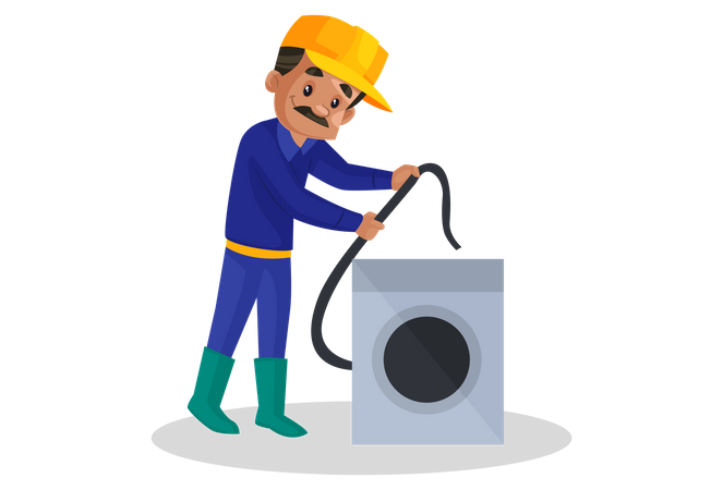 Electrician fitting washing machine Illustration
