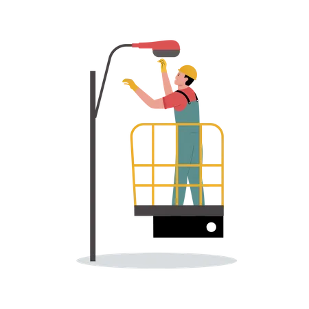 Electrician fixing street light  Illustration