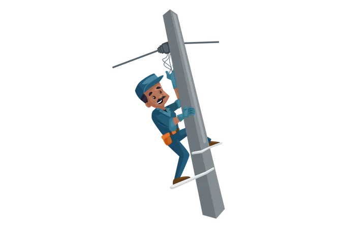 Electrician fixing wire of electric pole  Illustration